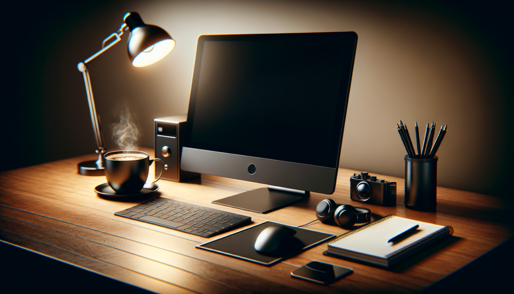 A sleek modern desktop setup with a computer monitor, wireless keyboard and mouse, a cup of steaming coffee, and a desk lamp on a wooden desk. The scene is warmly lit, creating a cozy and productive workspace environment. Additional items like headphones, a camera, and a notepad with a pen are neatly arranged on the desk.