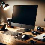 A sleek modern desktop setup with a computer monitor, wireless keyboard and mouse, a cup of steaming coffee, and a desk lamp on a wooden desk. The scene is warmly lit, creating a cozy and productive workspace environment. Additional items like headphones, a camera, and a notepad with a pen are neatly arranged on the desk.